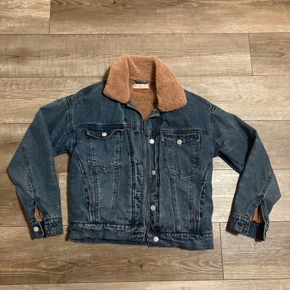 Anthropologie Pilcro Denim Jacket Women Small Blue Trucker Sherpa Lined Faux Fur